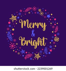 Merry Christmas doodle greeting card. Circle holiday frame with stars, snowflakes, confetti, spruce branch and lettering. Merry and bright