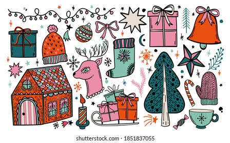 Merry Christmas doodle hand drawn set. Happy new year sketch collection. Isolated element decoration.Vector illustration.
