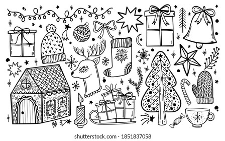 Merry Christmas doodle hand drawn set. Happy new year sketch collection. Isolated element decoration.Vector illustration.