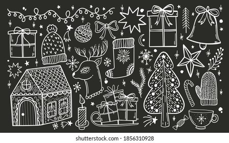 Merry Christmas doodle hand drawn set. Happy new year sketch collection. Isolated element decoration in black background.Vector illustration.