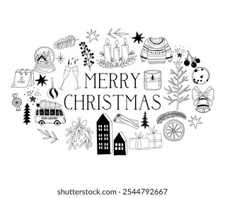 Merry Christmas doodle hand drawn vector illustration, winter holiday elements and plants