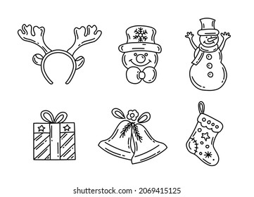 Merry Christmas doodle icons set. New year theme. Line vector illustration 