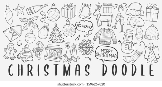 Merry Christmas Doodle Line Art Illustration. Hand Drawn Vector Clip Art. Banner Set Logos.