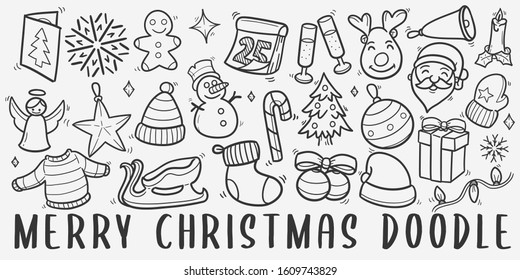 Merry Christmas Doodle Line Art Illustration. Hand Drawn Vector Clip Art. Banner Set Logos.