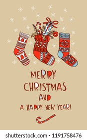 Merry Christmas doodle pattern greeting card . Christmas stocking socks, decoration and presents. Hand drawn vector illustration doodle style for your wallpaper or textile design