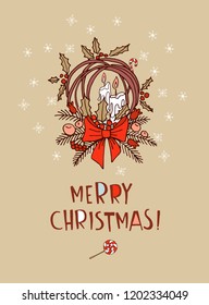 Merry Christmas doodle pattern greeting card . Christmas garland wreath, decoration and presents. Hand drawn vector illustration doodle style for your wallpaper or textile design