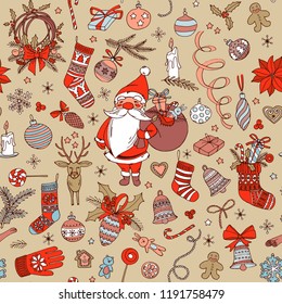 Merry Christmas doodle seamless pattern background. Santa Claus with deer, decoration and presents. Hand drawn vector illustration doodle style for your wallpaper or textile design
