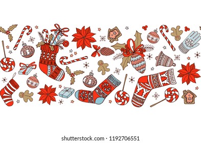 Merry Christmas doodle seamless pattern background frame border. Christmas stocking socks, decoration and presents. Hand drawn vector illustration doodle style for your wallpaper or textile design