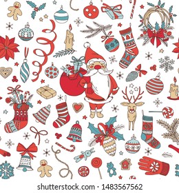 Merry Christmas doodle seamless pattern background. Santa Claus with deer, decoration and presents. Hand drawn vector illustration doodle style for your wallpaper or textile design