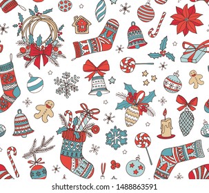 Merry Christmas doodle seamless pattern background. Socks, bells, snowflakes, decoration and presents. Hand drawn vector illustration doodle style for your wallpaper or textile design