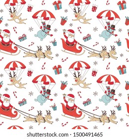 Merry Christmas doodle seamless pattern background. Santa Claus with deers and snowman on parachute, decoration and presents. Vector illustration doodle style for your wallpaper or textile design