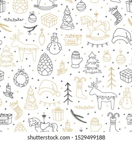 Merry Christmas doodle seamless pattern. Hand drawn vector illustration on white background.