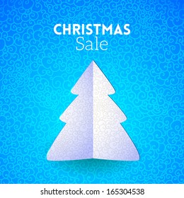 Merry Christmas doodle seamless pattern with fir tree, blue lace design card