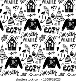 Merry Christmas doodle seamless pattern. Happy new Year repeat background in sketch style. Vector Decoration for winter holidays. Xmas texture, wrapping paper.