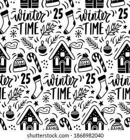 Merry Christmas doodle seamless pattern. Happy new Year repeat background in sketch style. Vector Decoration for winter holidays. Xmas texture, wrapping paper.
