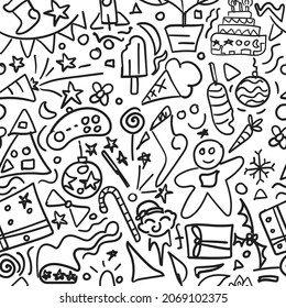 Merry christmas doodle seamless pattern background. Hand drawn vector design for fashion, fabric, wallpaper and all prints on background.