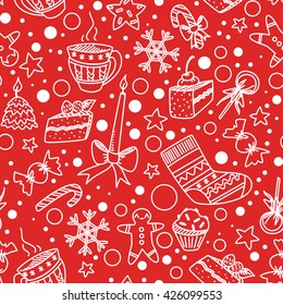 Merry christmas doodle seamless pattern. New Year background, wrapping paper. White outlines on red background. Winter design.