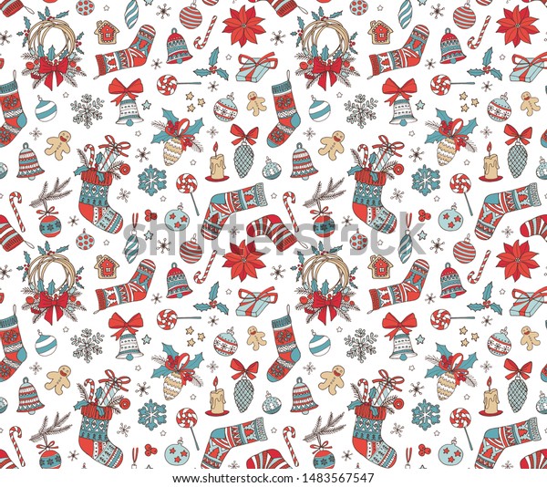 シームレスなパターンの背景にメリークリスマス落書き 靴下 ベル 雪片 装飾 プレゼント 壁紙または繊維デザイン用の手描きのベクターイラスト落書きスタイル のベクター画像素材 ロイヤリティフリー