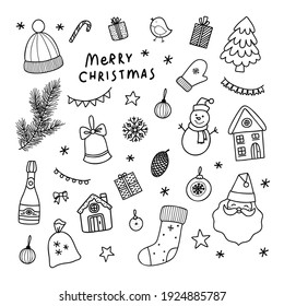 Merry christmas doodle set. Cartoon line icon. Abstract hand drawn outline vector illustration.