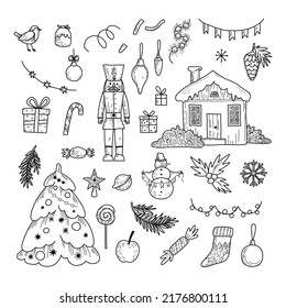 Merry christmas doodle set. Cartoon line icon. Nutcracker, christmas tree, christmas tree decorations, garlands, snowman and other 