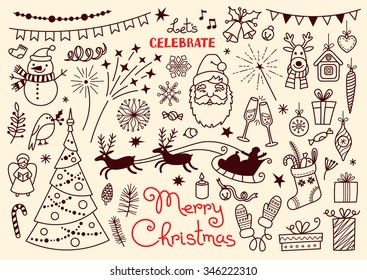Merry Christmas. Doodle set of characters and decorations. Santa, Reindeer, Xmas tree, Snowman... Freehand vector illustration.