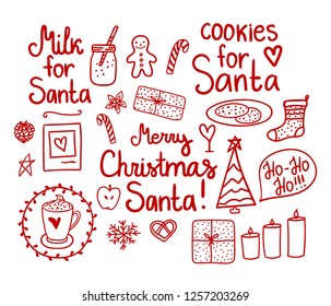 Merry Christmas Doodle Set. Cookies and Milk for Santa. Vector red hand drawing holiday elements isolated on white background. 