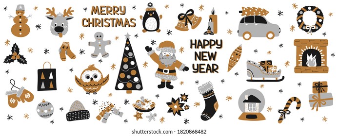 Merry Christmas Doodle set holiday elements in Scandinavian hand drawn style with inscriptions Happy New Year. Vector illustration clipart collection of cute characters isolate on a white background