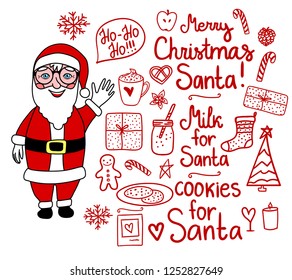 Merry Christmas Doodle Set. Vector hand drawing holiday elements isolated on white background. Cookies and Milk for Santa.