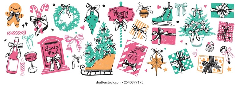 Merry Christmas doodle set, vector hand drawn colorful New Year gift box, pine tree, North Pole sign. Santa Claus mailbox, holiday decoration star, winter celebration sticker kit. Christmas doodle toy