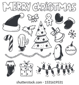 Merry Christmas doodle sketch element vector set isolated on a white background.