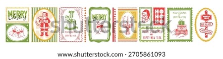 Merry Christmas doodle stamp set, New Year hand drawn retro postmark print, winter holiday design. Festive vintage postcards, party invitation postal celebration decor. Christmas greeting stamp kit