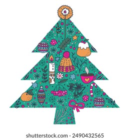 Merry Christmas doodle tree.  Vector illustration. Manual graphics.