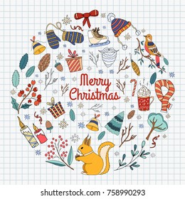 Merry Christmas doodle with winter forest tree cute squirrel bird decorative elements.Vector hand drawn vintage background set.