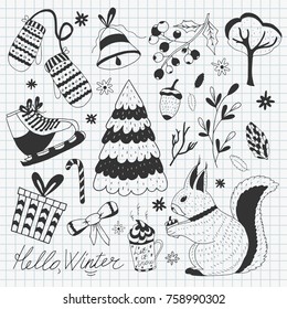 Merry Christmas doodle with winter forest tree cute squirrel bird decorative elements.Vector hand drawn vintage background set.