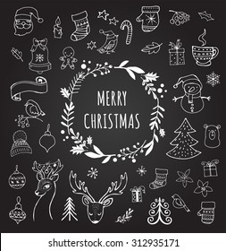 Merry Christmas - Doodle Xmas symbols, hand drawn illustrations, sketches on the Chalkboard, Blackboard