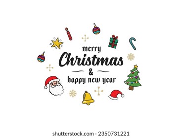 Merry Christmas with doodles color art icons. Greeting card Vector illustration 