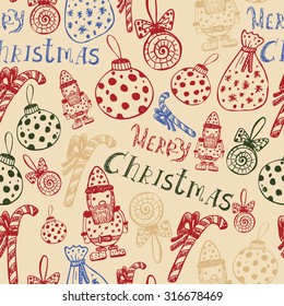Merry Christmas doodles seamless pattern. hand drawn vector background with christmas decorations 
