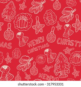 Merry Christmas doodles seamless pattern. Hand drawn vector background with Christmas decorations, gift, Christmas tree, scarf, skates, ball, star, fir tree branch, mitten and text of congratulation