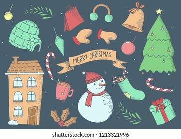 Merry Christmas doodles. Set of winter doodles. Winter hand drawn elements. Christmas tree, snowman, socks, warm, cozy. 