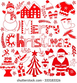 Merry Christmas doodling card. Vector illustrations with new year elements. Holiday objects in red color.