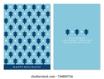Merry Christmas double sided card with christmas tree. Vector illustration.