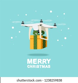 Merry Christmas. Drone with a yellow gift on a blue background. Flat illustration for design.