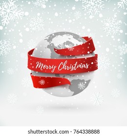 Merry Christmas, earth icon with red ribbon around it, hollyday decoration on winter background. Greeting card, brochure or poster template. Vector illustration.