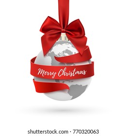 Merry Christmas, earth icon with red bow and ribbon around, hollyday decoration on white background. Greeting card, brochure or poster template. Vector illustration.