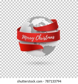 Merry Christmas, earth icon with red ribbon around it. Greeting card, brochure or poster template. Vector illustration.