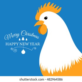 Merry Christmas e-card with rooster and designed text. Vector illustration.