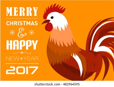 Merry Christmas e-card with rooster and designed text. Vector illustration.