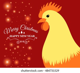 Merry Christmas e-card with rooster and designed text. Vector illustration.