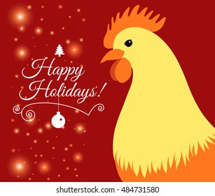 Merry Christmas e-card with rooster and designed text. Vector illustration.