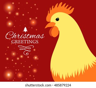 Merry Christmas e-card with rooster and designed text. Vector illustration.